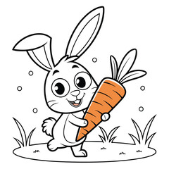 Smiling Bunny and Carrot Black and White Line Art