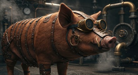 Fototapeta premium Steampunk-inspired duroc pig wearing goggles and leather straps in an industrial setting with pipes