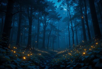 Obraz premium Enchanted Forest at Night with Fireflies Illuminating the Path