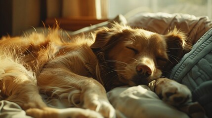 Naklejka premium Sleeping Dog on Bed in Sunlit Cozy Room: A Peaceful and Relaxing Scene