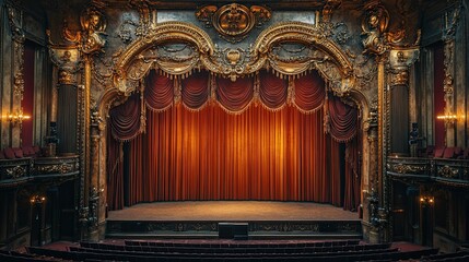 A historic theater's interior featuring velvet curtains, ornate decorations, and golden accents. 