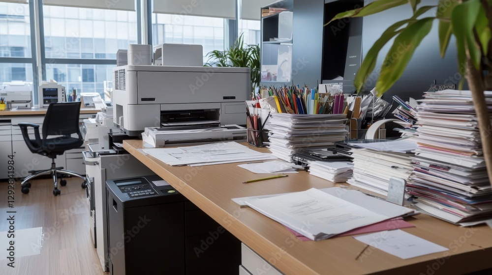 Aufkleber organized workspace with color printer modern office document stacks bright environment aerial view 