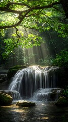 Sunlit Waterfall in Lush Green Forest