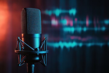 Audio waveform microphone for podcast or radio studio banner with space for text