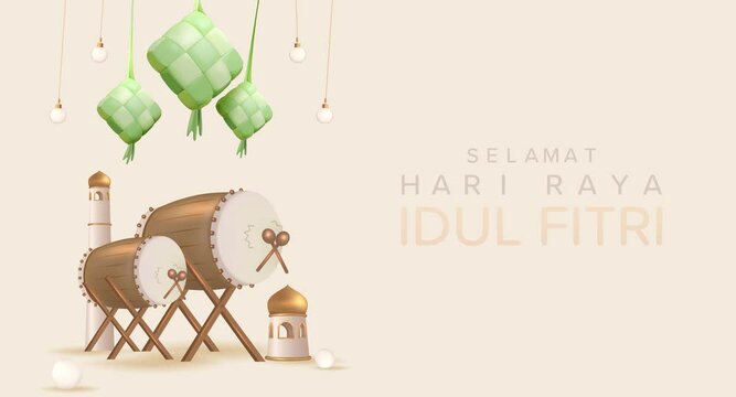 Selamat Idul Fitri Means Happy Eid Mubarak. Eid al Fitr 4K Animation Islamic Footage with Ketupat (Indonesian Rice Cake) and Islamic Decoration in 3D Style