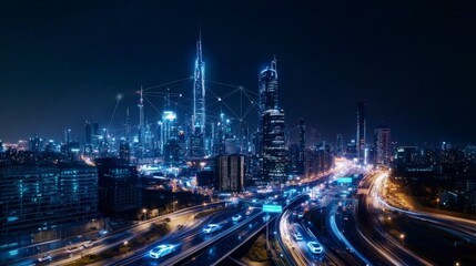 Fototapeta premium Futuristic smart city skyscrapers at night urban landscape cityscape high-tech environment aerial view modern vision
