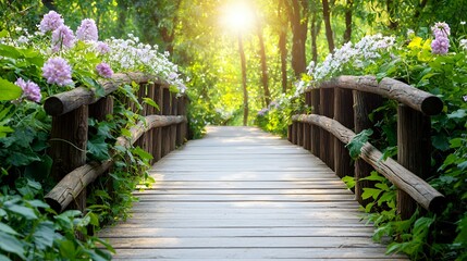 Fototapeta premium Sunlit Wooden Bridge Path Through Lush Garden with Pink and White Flowers