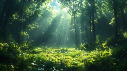 Fototapeta premium Sunbeams illuminate misty forest clearing, nature background, idyllic scene