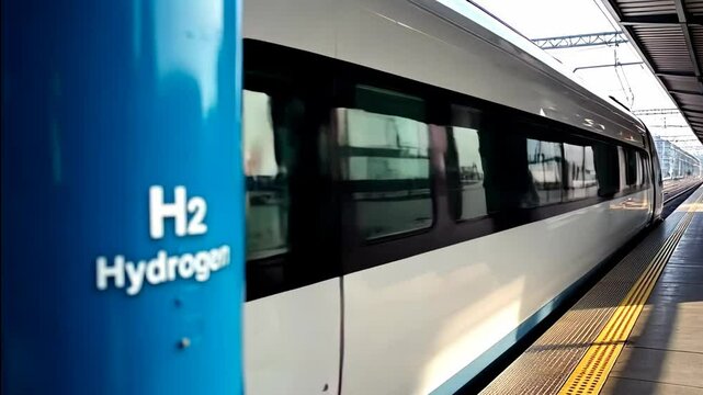A blue pillar with the inscription "H2 Hydrogen" is depicted in the foreground. In the background, you can see a modern high-speed train riding on a railway platform.
