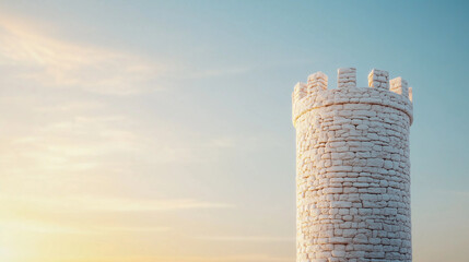 Ancient Citadel's Pinnacle: Majestic tower against the backdrop of a pastel sky, evokes a sense of history and strength. A weathered stone tower rises towards the heavens.