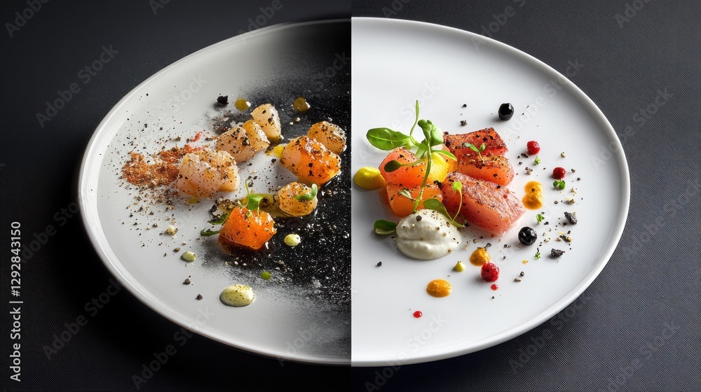 Poster creative seafood dish featuring contrasting plating styles and vibrant colors in an upscale dining s
