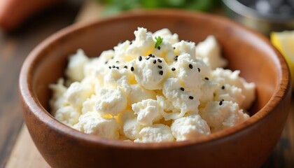 Fresh Homemade Cottage Cheese with Black Seeds in Wooden Bowl