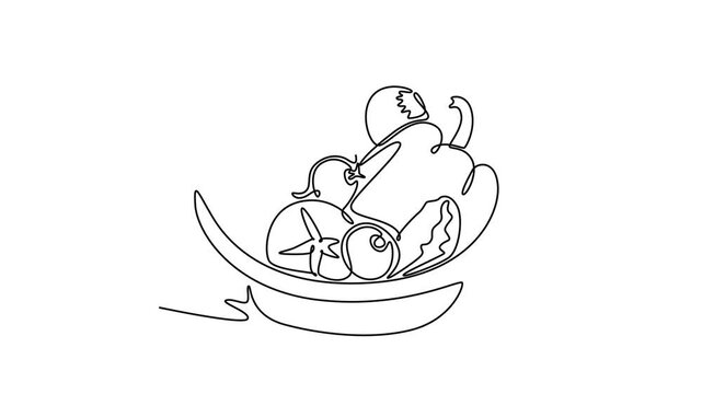 Self drawing animation of single line draw wicker basket full of fresh vegetables, fruit, milk, bread for groceries logo icon. Daily healthy food concept. Continuous line draw. Full length animated