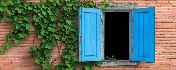 Obraz premium Overgrown ruins with a weathered open blue door, vines creeping around the frame
