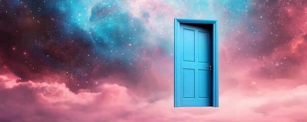 Portal-like open blue door floating in a dreamlike nebula, surreal concept