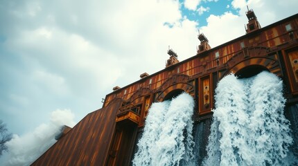 Retro-futuristic rusted dam with large metal panels and water cascading from openings