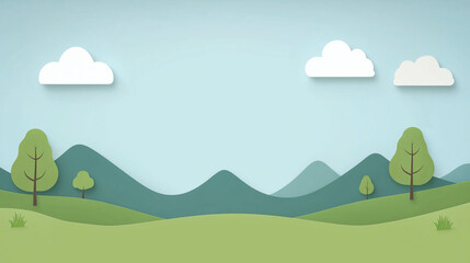 Obraz premium Paper Cutout Landscape: A minimalist and charming paper cutout landscape showcases rolling green hills, stylized trees, fluffy clouds against a clear blue sky.