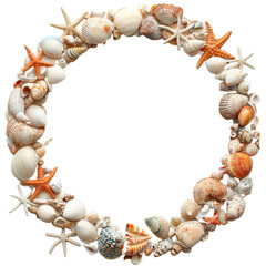 Obraz premium Oval beach theme picture frame adorned with colorful shells and starfish for summer memories, Oval Beach Theme Picture Frame with Shells on Transparent background