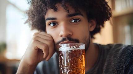 looking puzzled at a drink that has been cleverly altered to look like a normal soda but tastes unusual 