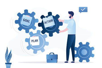 Enterprise plan management. Business action plans, strategies or goals to drive organization or target audience. Company management. Leader spin cogs or gear