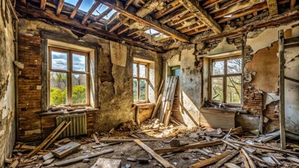 Dampened walls and ceiling of ruined house with broken windows and splintered wood , devastation