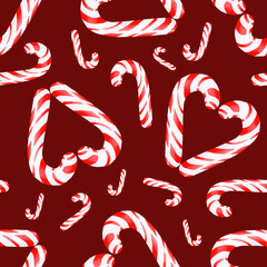 Watercolor illustration of a Christmas heart-shaped lollipop. Seamless pattern is hand-made on a colored background. Drawing for photo wallpaper, stickers, scrapbooking, fabric