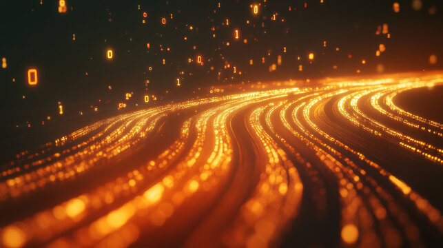 Futuristic background with glowing binary code and flowing lines