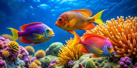 Fototapeta premium Vibrant Reef Inhabitants A Trio of Colorful Fish Gracefully Navigating a Lush Coral Ecosystem