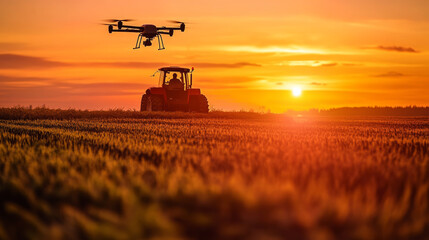 Fototapeta premium tractor and drone against sunset in field