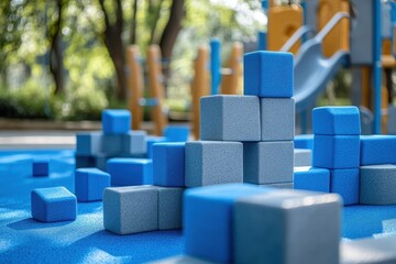 Obraz premium Blue and gray foam blocks set up in a play area providing a safe and enjoyable space for imaginative play