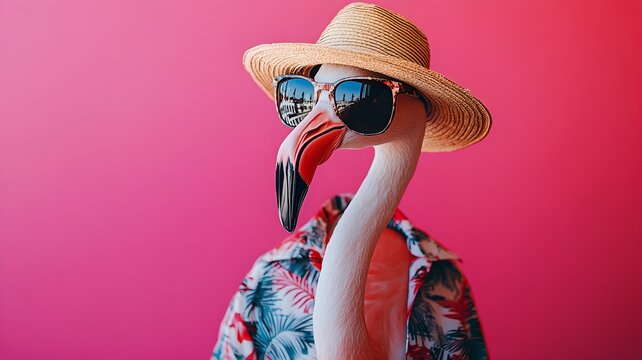 A playful flamingo displaying its personality while wearing a hat and sunglasses