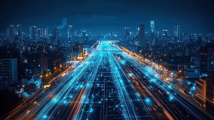 A Night-Time Highway with Long, Colorful Light Trails from Fast-Moving Vehicles, Representing Digital Innovation, Technological Growth, and the Future of Connectivity.