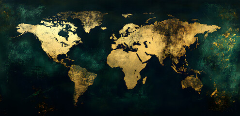 Gold-leaf world map on a dark teal background. A luxurious and artistic depiction of global exploration.