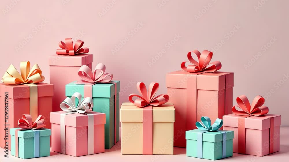Poster A stack of colorful boxes with pink bows on them. The boxes are of different sizes and colors