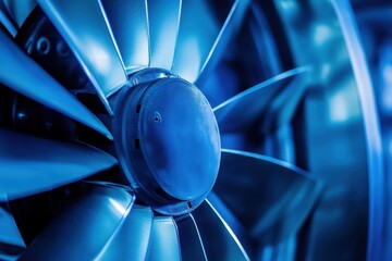Blue hue of spinning HVAC blades Background of industrial ventilation fan