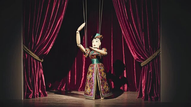 A marionette sits on a stage with red velvet curtains. Low-angle shot creates a dramatic, theatrical atmosphere, resembling a vintage video scene.