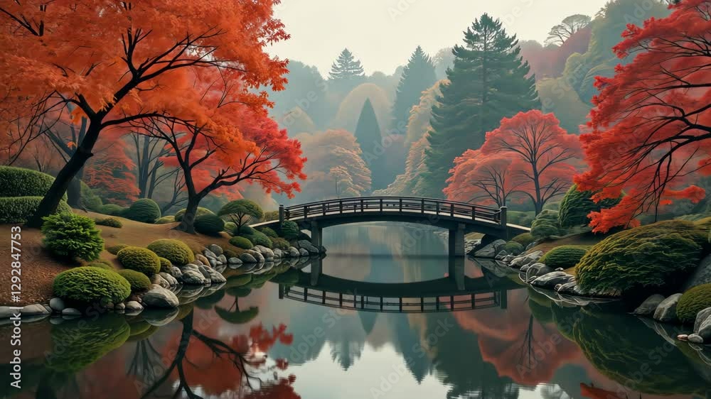 Poster a bridge spans a river in a forest. the bridge is surrounded by trees and rocks. the water is calm a