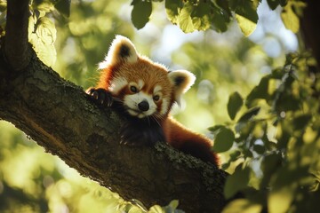 Obraz premium Red panda relaxing on a tree branch in the forest
