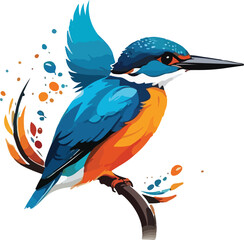 Colorful Kingfisher Illustration vector design, Kingfisher sitting on branch