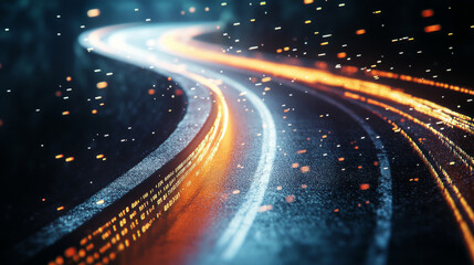 Digital data stream with glowing binary code on road