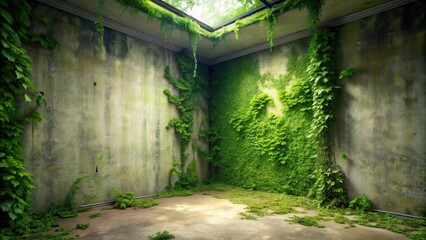 Overgrown corner of a room with green leafy vines and moss, overgrowth, corners,  overgrowth,corners, vine