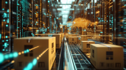 Digital representation of cardboard boxes in futuristic warehouse