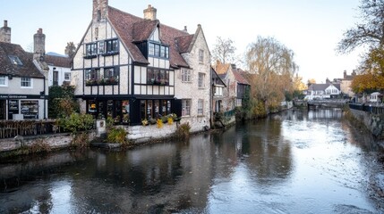 Naklejka premium Charming canal town, Autumn morning, UK street scene, architectural gems, relaxing view, possible postcard, photo-book