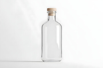 Empty glass bottle with wooden cork, showcasing clean and simple design. Ideal for various uses, from beverages to storage