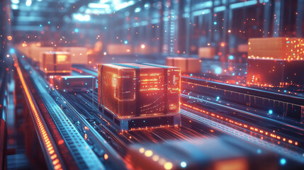 Futuristic warehouse with glowing data and packages moving