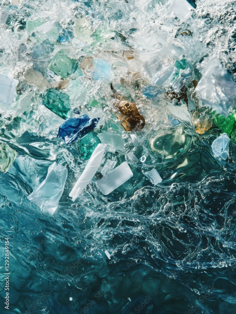 Poster plastic fragments float in ocean waves, highlighting pollution in marine environments under bright s