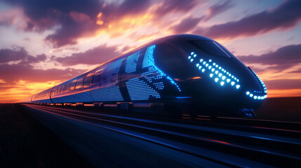 High speed train with glowing elements against sunset sky