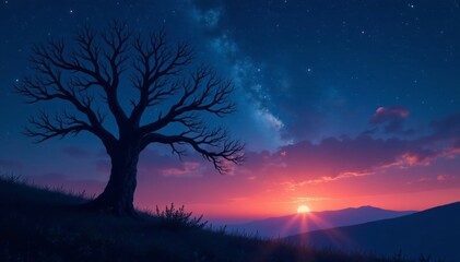 Fototapeta premium Leafless, gnarled silhouette of dead tree against night sky, silhouette tree, scary