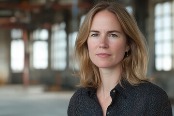 Fototapeta premium Portrait of a woman with blonde hair, serious expression, in a rustic setting. Ideal for articles on business, leadership, or professional women.