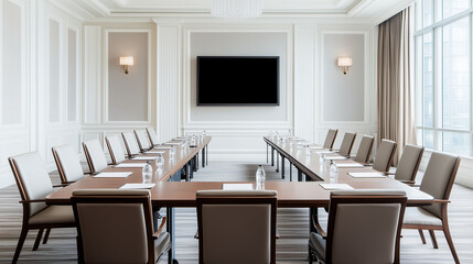 Fototapeta premium Elegant Conference Room: An inviting conference room with long tables, chairs, and a mounted screen, creating a perfect setting for meetings and presentations. 